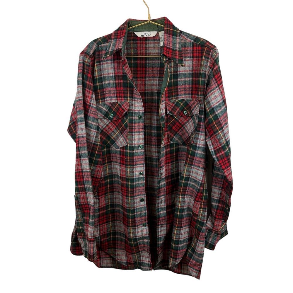 Vintage Woolrich  Made in USA‎ Wool Sz M Long Red  Flannel Button Down Christmas